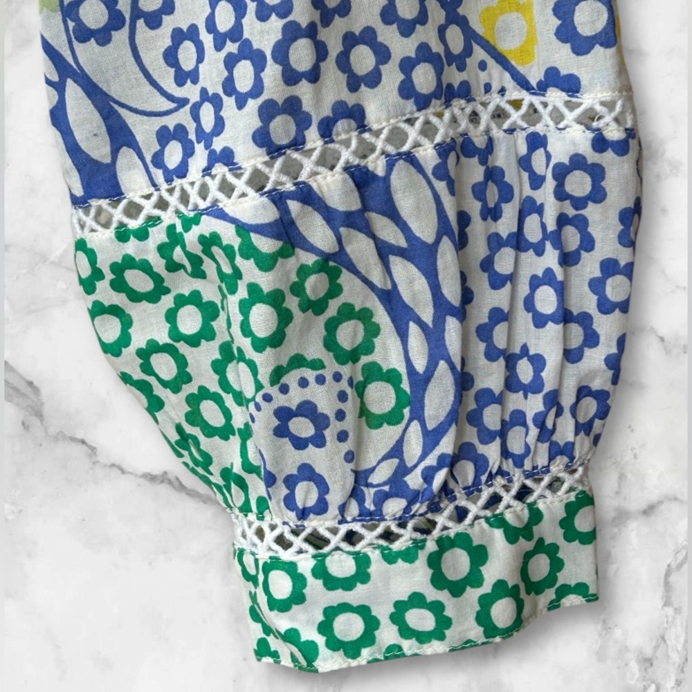 Talbots Smocked Peasant Blouse Button Up Crochet Accents Green Blue Yellow Sz S - Picture 3 of 10